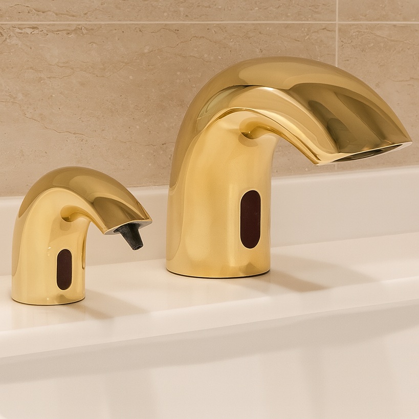 Fontana Peru Contemporary Style Polished Gold Finish Deck Mount Dual Automatic Sensor Faucet And Soap Dispenser